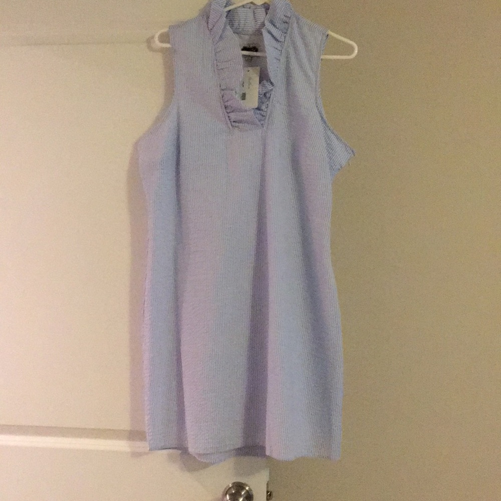 Blue and white seersucker dress